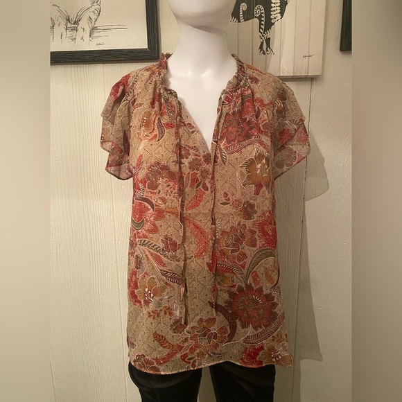NWT Joie Women’s Floral Cap Sleeve Tie Neck Top Size Small - Picture 1 of 2